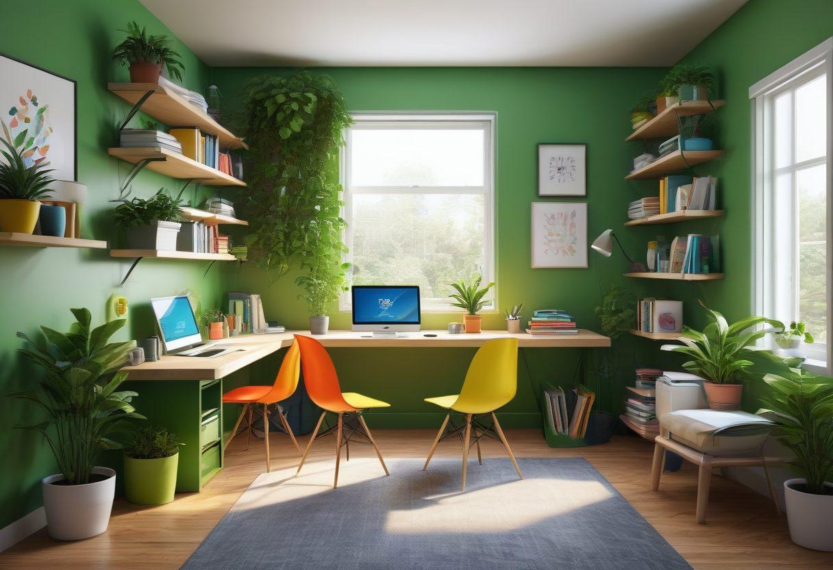 A cozy, modern study space filled with colorful smart organizers like shelves, boxes, and tech gadgets. Items are arranged in a way that fosters a joyful learning atmosphere, with bright lighting and plants for freshness. A student is happily engaged in study with open books and a laptop, illustrating the transformation in their learning experience. The vibe is inviting and inspirational, emphasizing organization and productivity. super-realistic. vibrant colors. 3D.
